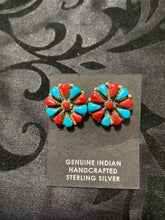 “The pinwheel” earrings with red coral and turquoise