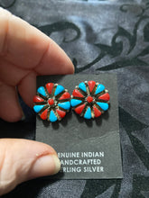 “The pinwheel” earrings with red coral and turquoise