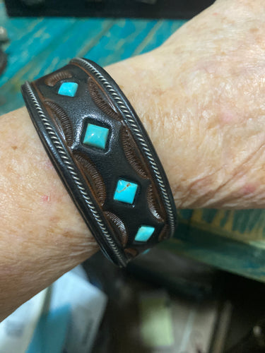 Large Jerry Tucker  leather and turquoise bracelet