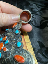 Large, sterling silver, orange Spiny and sleeping beauty turquoise pendant
