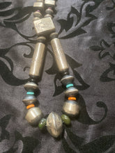 Large multi shaped tube bead necklace with turquoise  and Spiny Oyster pieces.