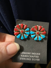 Turquoise / red coral Flower Cluster earrings