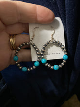 Navajo Pearl Circle  hoop ￼earrings with three turquoise beads in each earring