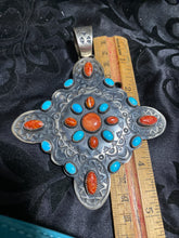 Large, sterling silver, orange Spiny and sleeping beauty turquoise pendant