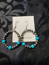 Navajo Pearl Circle  hoop ￼earrings with three turquoise beads in each earring