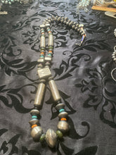 Large multi shaped tube bead necklace with turquoise  and Spiny Oyster pieces.