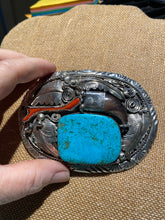 Sterling Silver Belt buckle with Turquoise, Red Coral and claw