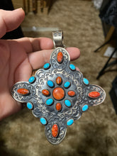 Large, sterling silver, orange Spiny and sleeping beauty turquoise pendant
