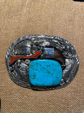 Sterling Silver Belt buckle with Turquoise, Red Coral and claw