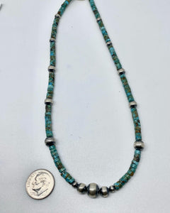 18 inch TINY TURQUOISE HEISHI BEADS AND NAVAJO PEARLS