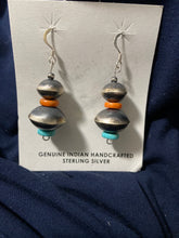 Large dangle Navajo, Pearl disc shaped Spiny Oyster earrings with a bead of turquoise at the bottom
