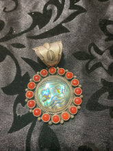Abalone and red coral snake eyes pendant