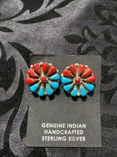 Turquoise / red coral Flower Cluster earrings