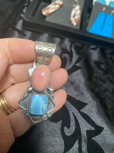 Sterling Silver, Pink Conch and Golden Hill Turquoise pendant!