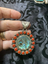 Abalone and red coral snake eyes pendant