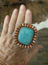 Tremendous heavy silver pink coral and turquoise ring