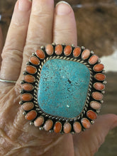 Tremendous heavy silver pink coral and turquoise ring
