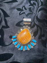 Sterling Silver  Turquoise and Orange spiny oyster pendant
