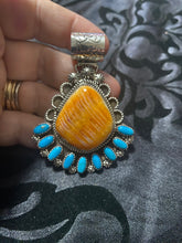 Sterling Silver  Turquoise and Orange spiny oyster pendant