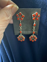 Red coral double flower, sterling silver dangle earrings