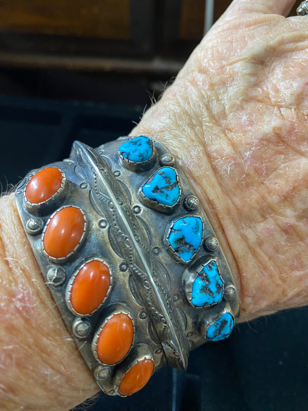 Vintage Old, Heavy Turquoise and Coral Bracelet