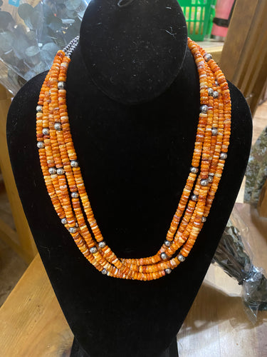 Orange spiny oyster and Navajo pearl necklace