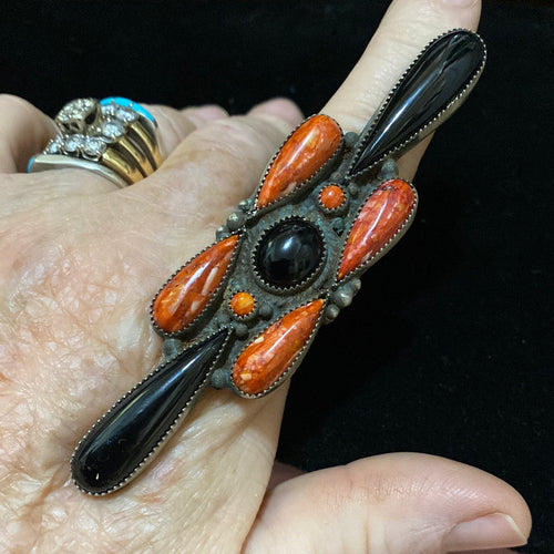 Long Black Onyx and red spiny ring