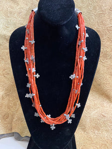 Vintage Mediterranean Red Coral necklace with Sterling Silver Crosses