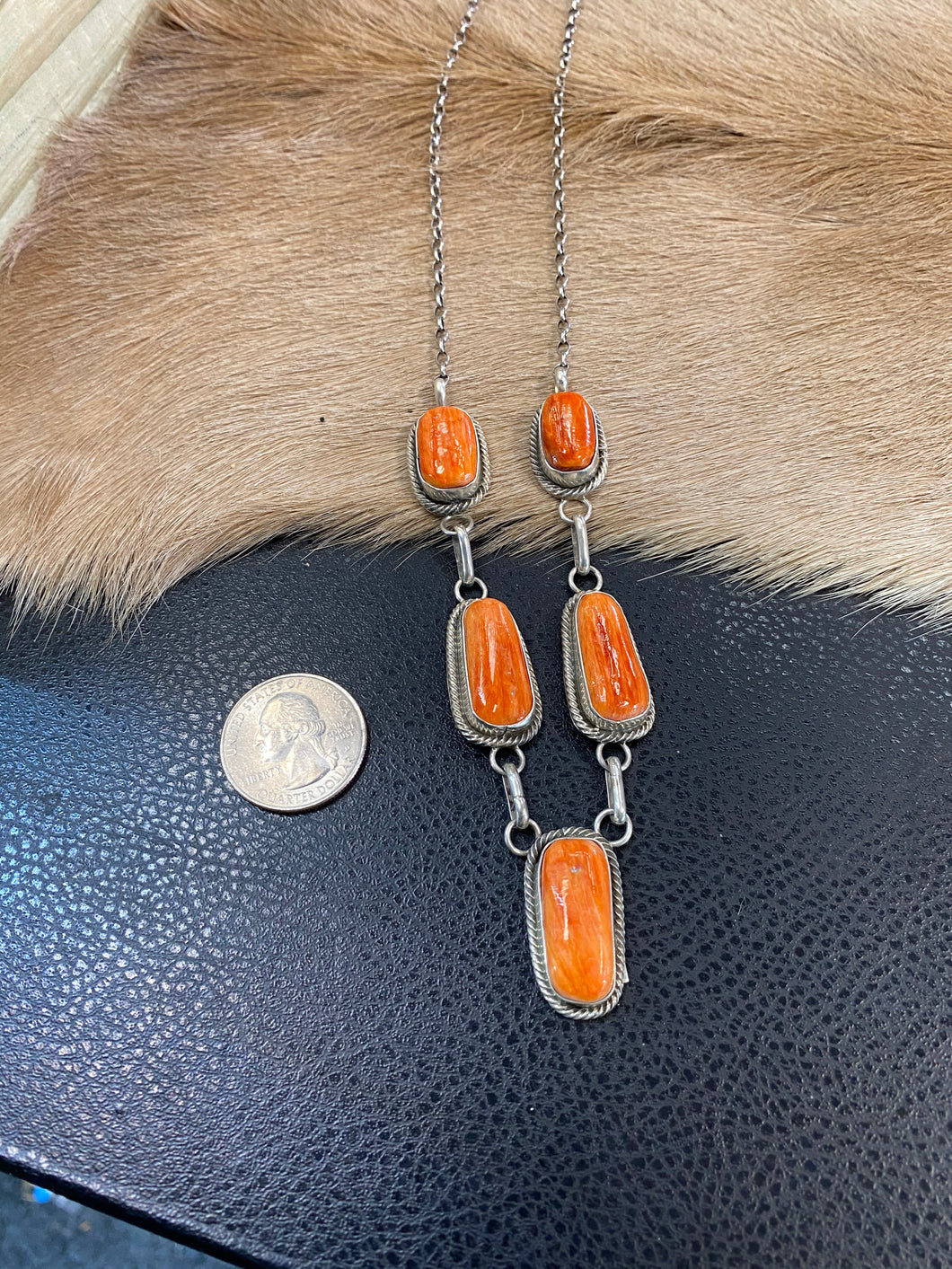 Spiny Oyster Orange 5 stone necklace