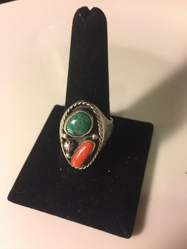 Vintage heavy Sterling Silver Turquoise and coral ring