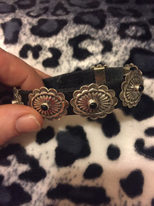 Leather, Sterling silver concho and black onyx snake eyes