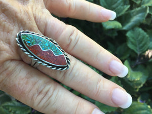 Vintage inlay Turquoise and coral ring