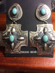 Large Antiqued 4 Turquoise Stones Cross Earrings