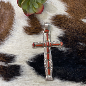 Very large, heavy sterling silver cross with Red Coral