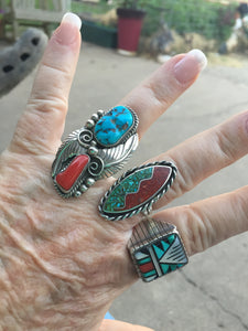 Vintage inlay Turquoise and coral ring