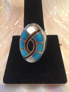 Vintage very heavy Turquoise and mother of pearl ring